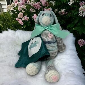 Crochet Stuffed Bunny Floppy Ears Teal Green Lovey Plush Animal Toy Amirugumi